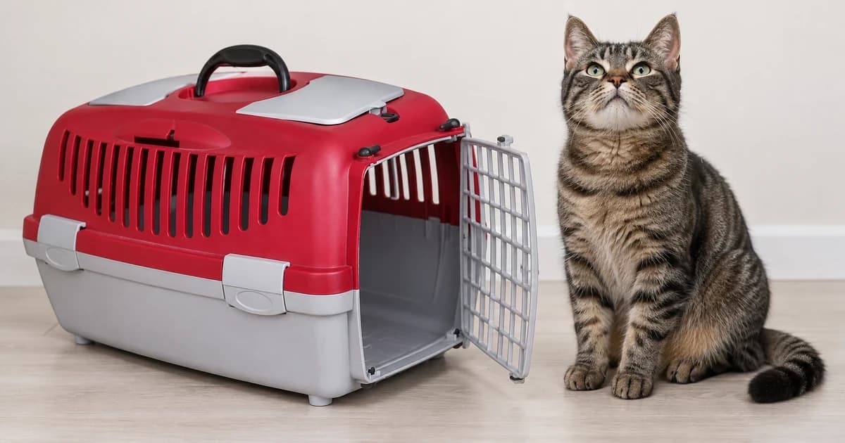 A generic red-and-gray carrier with an open gate sits beside a separately seated gray-brown tabby cat.