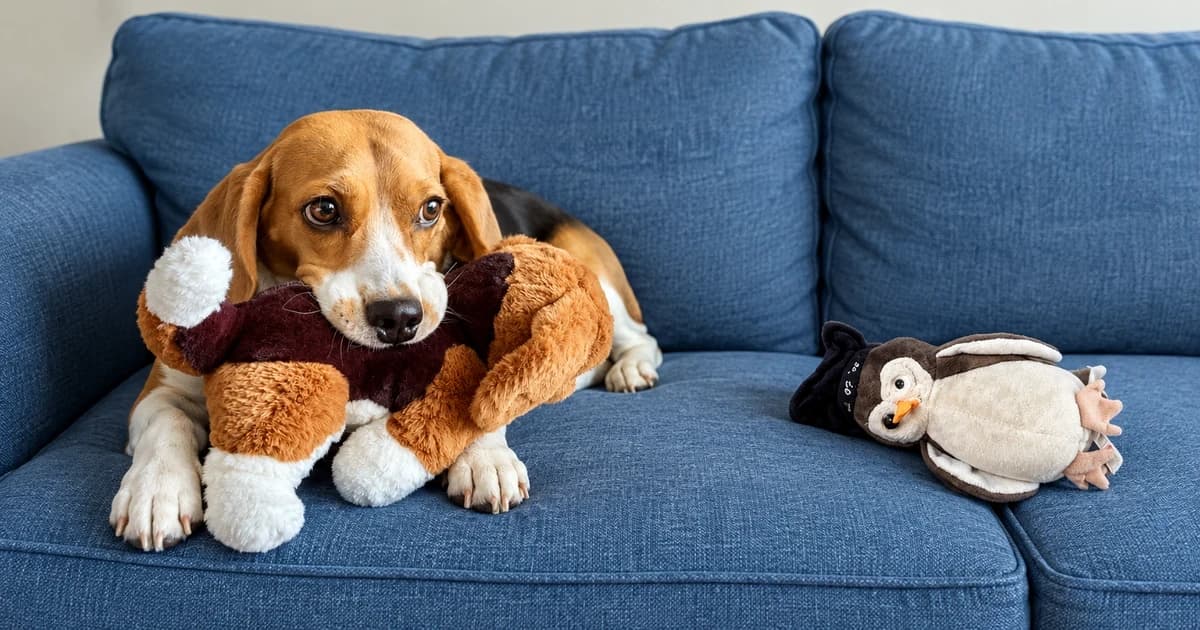 Photo-based edited illustration of a Beagle holding a stuffed toy with a separate penguin plush on a blue sofa
