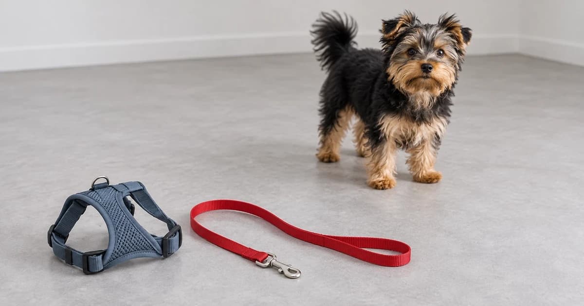 Edited illustration of a dog with separate unworn harness and unattached ordinary leash