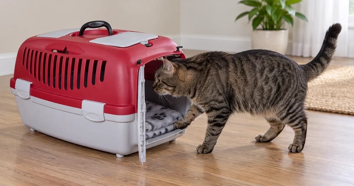 A tabby investigates the open front entrance of a red-and-gray carrier on a level indoor floor.