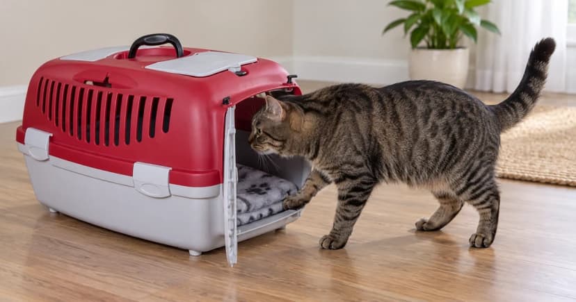 A tabby investigates the open front entrance of a red-and-gray carrier on a level indoor floor.