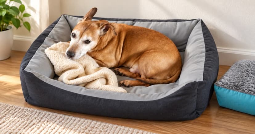 A tan dog curled in a gray padded bed beside a plain blanket and separate turquoise-edged pillow.