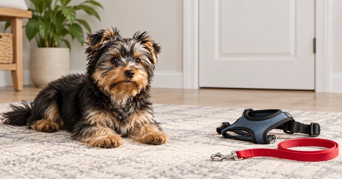 Edited illustration of a resting dog, a closed household door and separate walking equipment