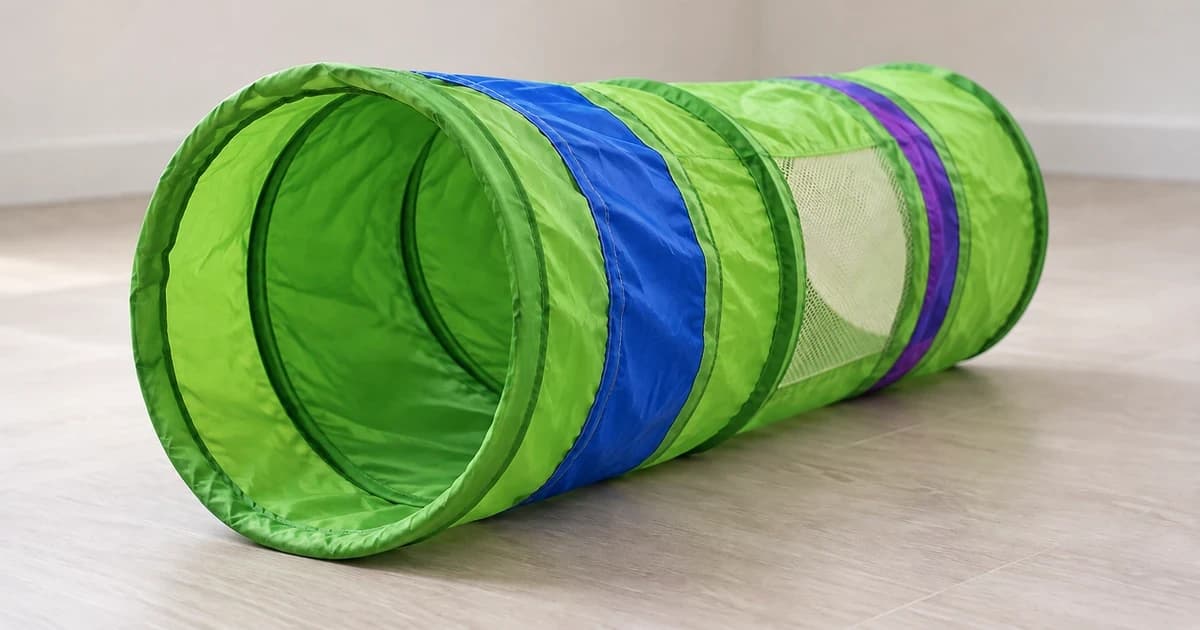 An empty green, blue and purple fabric cat tunnel with a round open entrance on a pale floor.