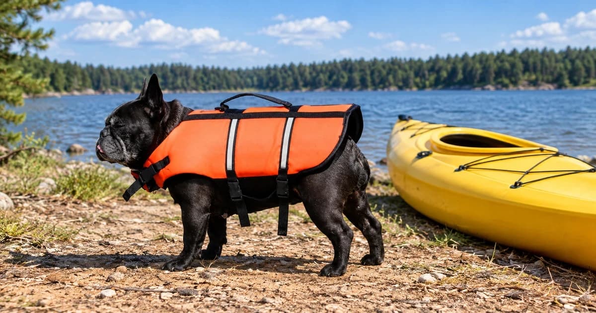 A black dog in an orange generic flotation garment stands on dry shore beside an empty yellow kayak.