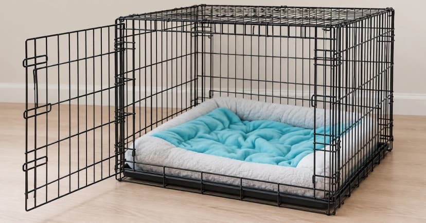 An empty black wire crate with its front door open contains a pale gray bed with turquoise-blue padding.