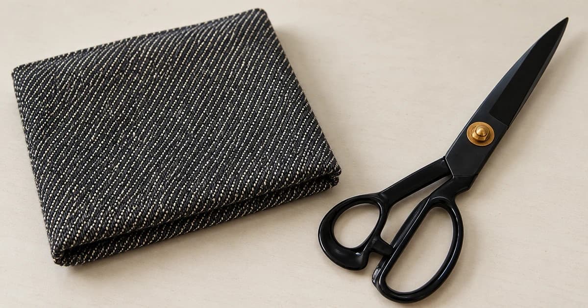 Photo-based edited sewing-preparation illustration of grey denim fabric and separate closed tailor scissors