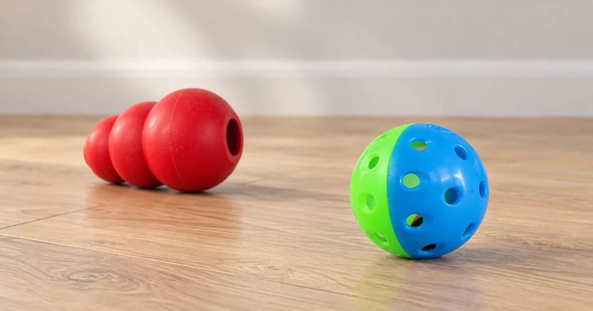 A blue and green perforated ball and a separate red hollow tiered toy on a pale wood floor.