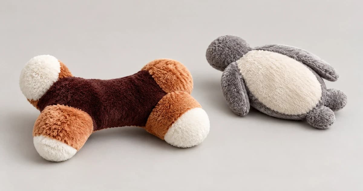 Reconstructed brown-and-cream and gray-and-cream soft fabric toys resting separately on a neutral tabletop.