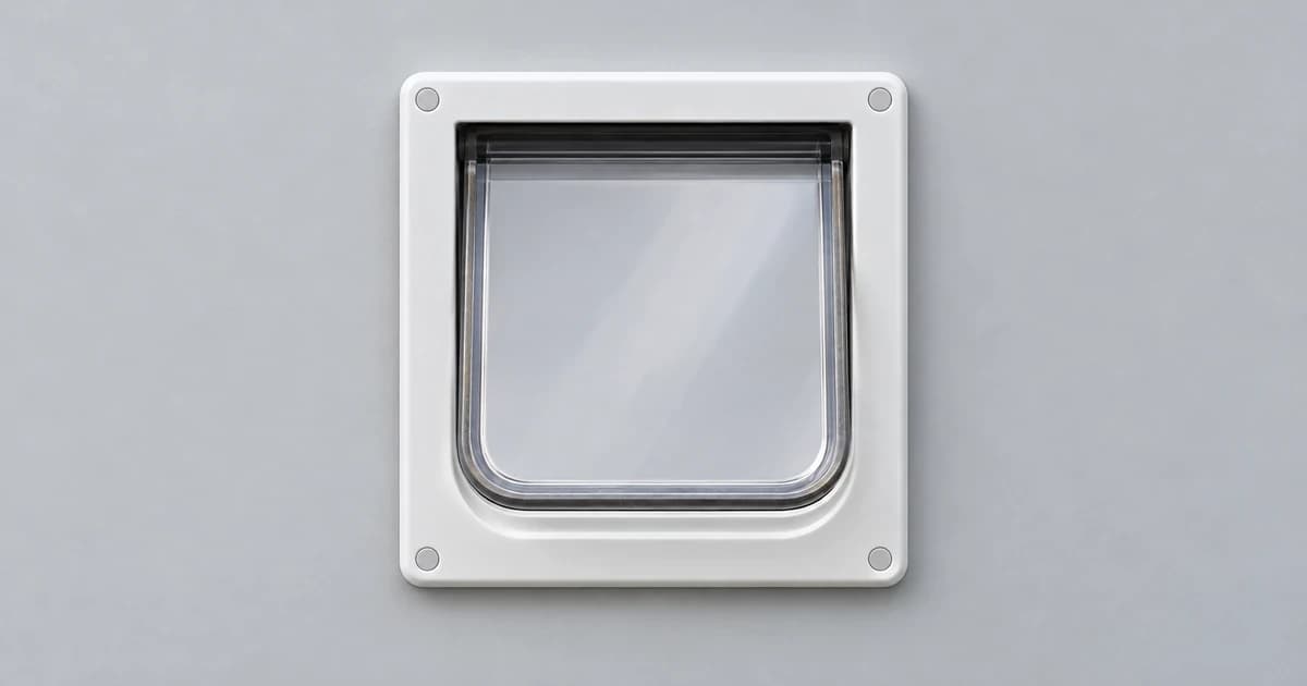 Reconstructed empty pale cat-flap frame with a clear leaf on a plain light-gray panel.