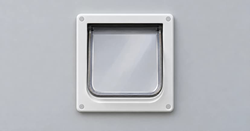 Reconstructed empty pale cat-flap frame with a clear leaf on a plain light-gray panel.