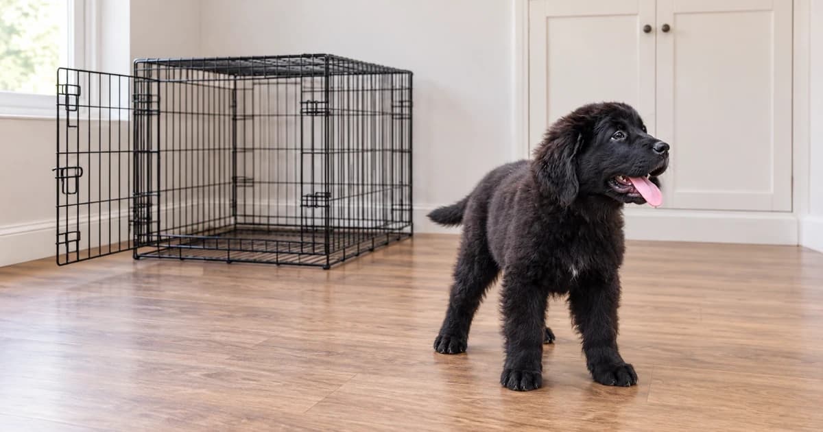 Edited illustration of a puppy outside an optional empty crate in a reconstructed room
