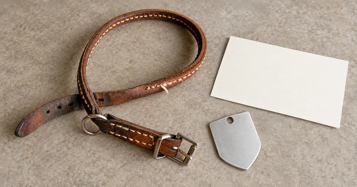 Staged detached collar, separate blank shield tag and blank note card on a neutral surface.