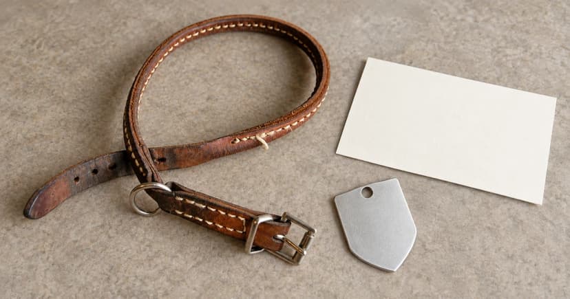 Staged detached collar, separate blank shield tag and blank note card on a neutral surface.