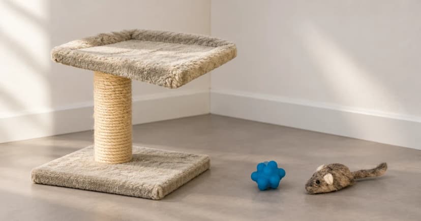 Reconstructed empty beige cat perch with a wrapped post and generic base, beside a brown mouse toy and blue ball on clear floor.