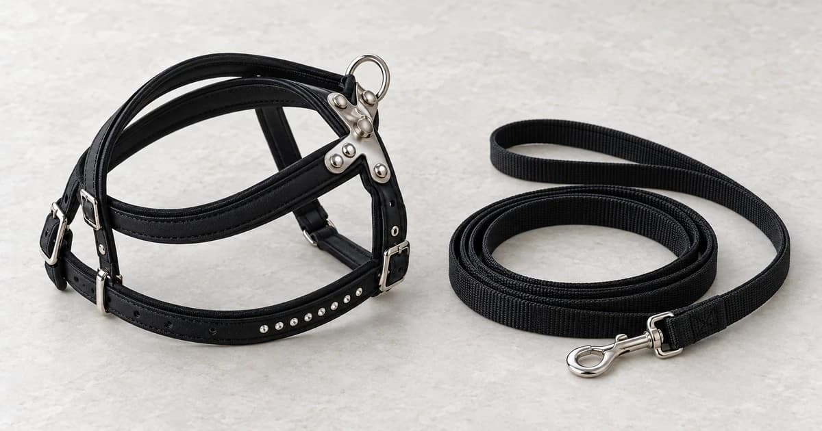 A coiled black webbing leash and a separate black multi-strap body harness rest on a pale surface.