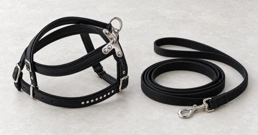 A coiled black webbing leash and a separate black multi-strap body harness rest on a pale surface.