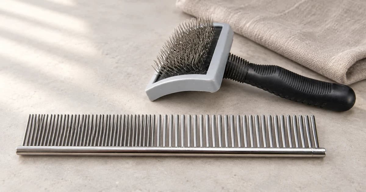 A metal comb and wire brush arranged separately on a pale tabletop, with the comb in the foreground.