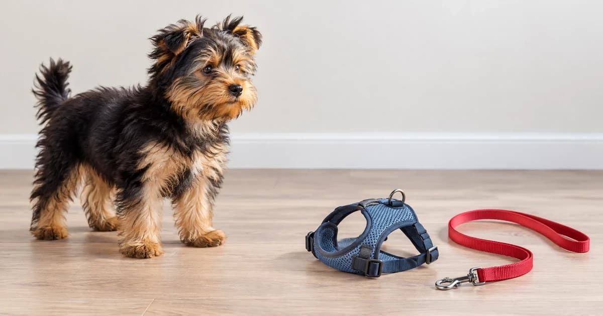 Edited illustration of a puppy beside an unworn harness and unattached leash