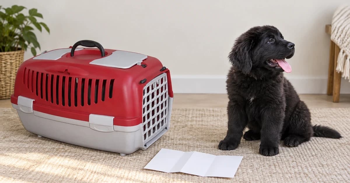 Photo-based edited illustration of an empty pet carrier, a separate black dog and blank planning paper