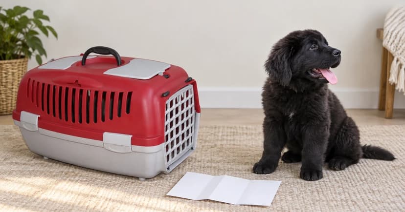 Photo-based edited illustration of an empty pet carrier, a separate black dog and blank planning paper