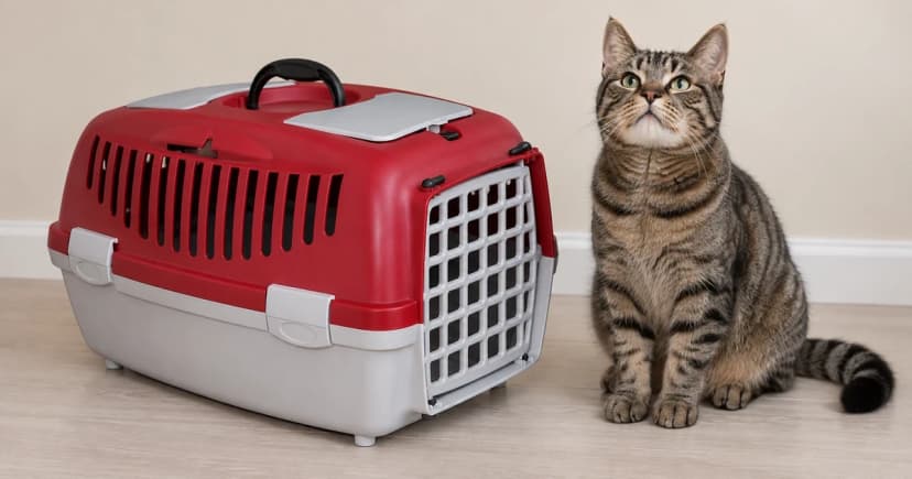 A tabby cat sits beside a closed red and light-gray carrier on a pale indoor floor.