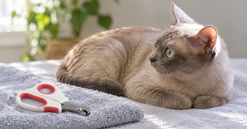 A closed white-and-red cat nail clipper rests on a plain towel beside an unhandled resting cat.