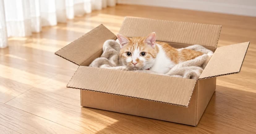 An orange-and-white cat looking out from an open plain cardboard box lined with neutral soft cloth.
