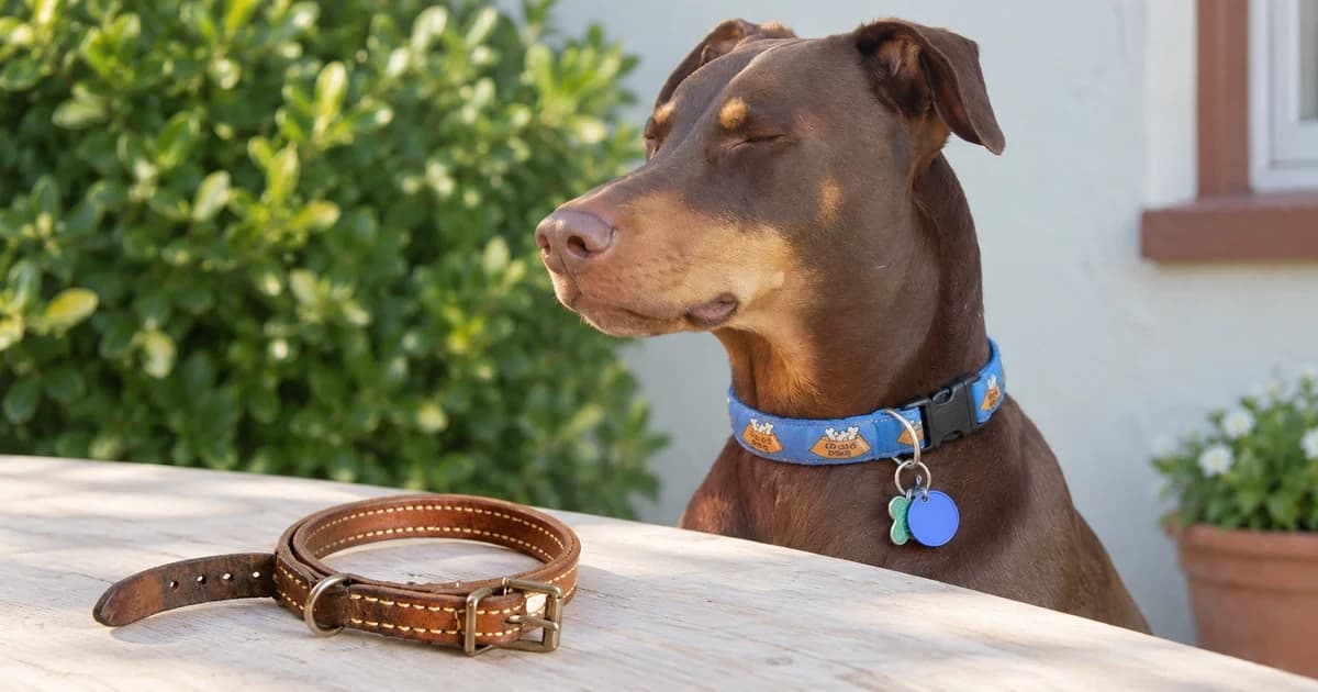 A dog wears a flat blue collar beside a separate brown belt-buckle collar on a table.