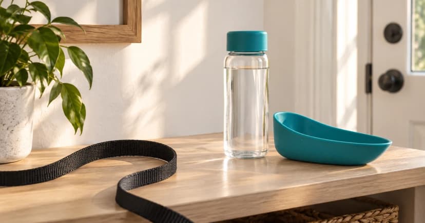 Partial black strap, generic water bottle and separate empty teal trough on a pale entrance shelf.