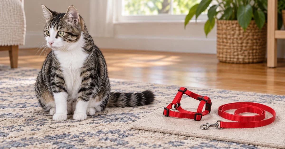 Tabby-and-white cat beside an unworn red harness and disconnected slack lead on a separate indoor mat.