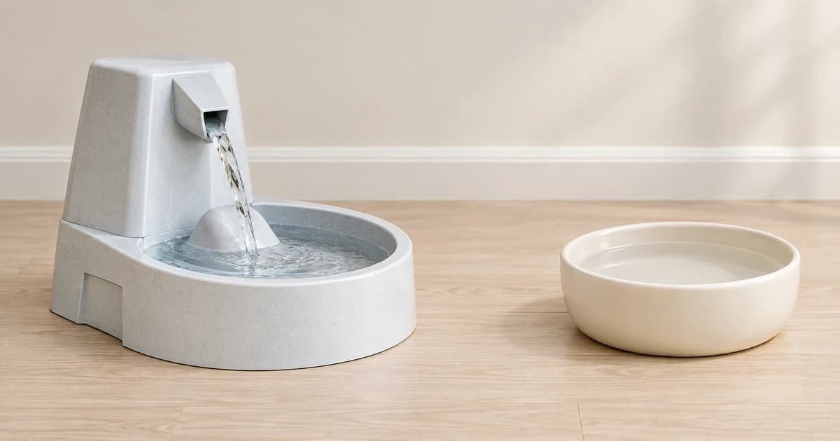 A generic gray fountain with a small stream beside a separate plain bowl of still water, with no cat present.