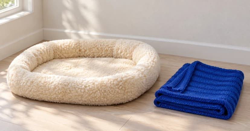An empty generic cream oval fleece bed beside a separate folded royal-blue knitted blanket in a quiet corner.