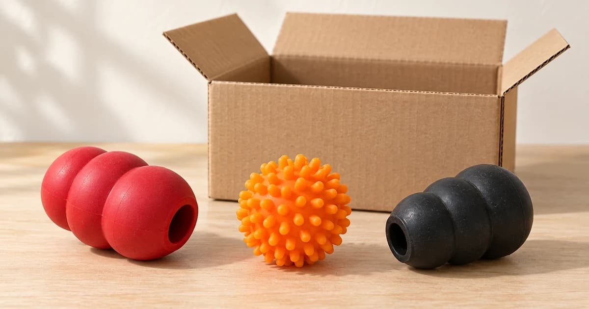 Red and black hollow toy shapes and an orange textured ball sit in front of an empty cardboard box.