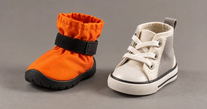 Edited illustration of two generic detached dog boots with different upper shapes