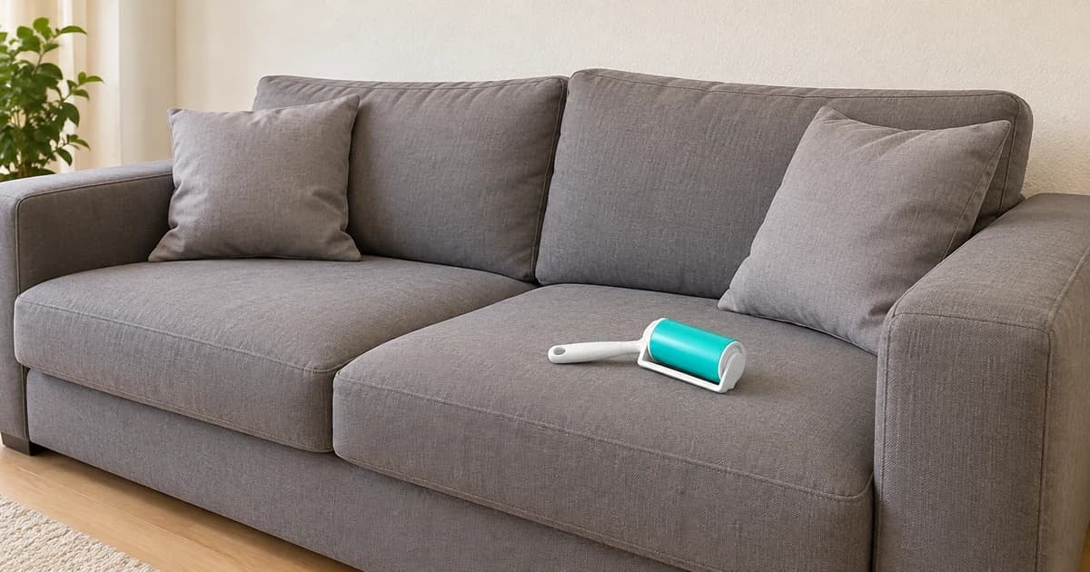 A turquoise lint roller with a white handle rests on a gray couch cushion.