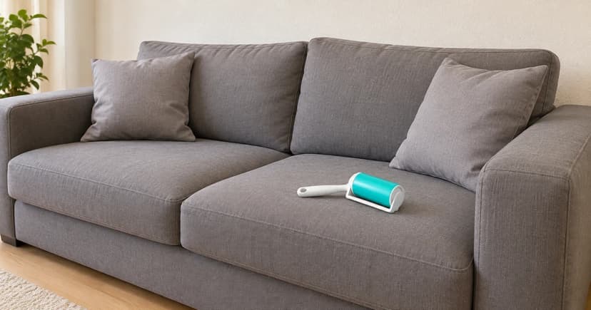 A turquoise lint roller with a white handle rests on a gray couch cushion.