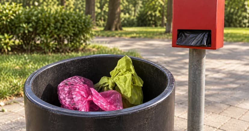 Two tied pink and green dog-waste bags sit inside an open dark collection bin beside a plain red bag dispenser.