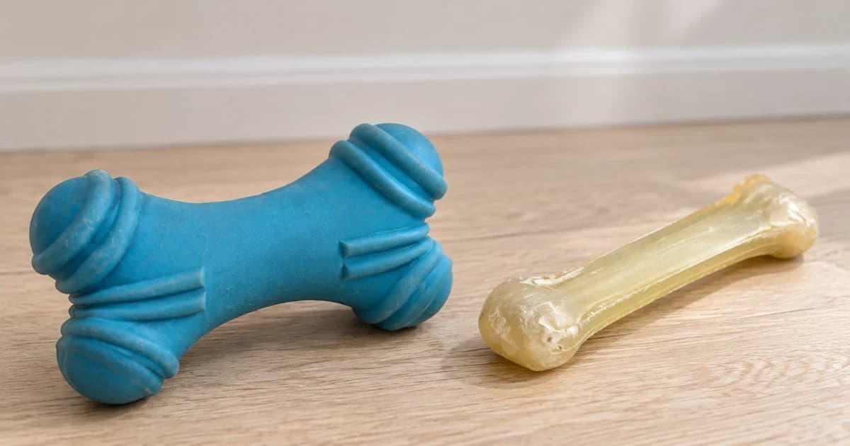 Edited illustration of a blue ridged bone-shaped toy beside a separate pale elongated toy