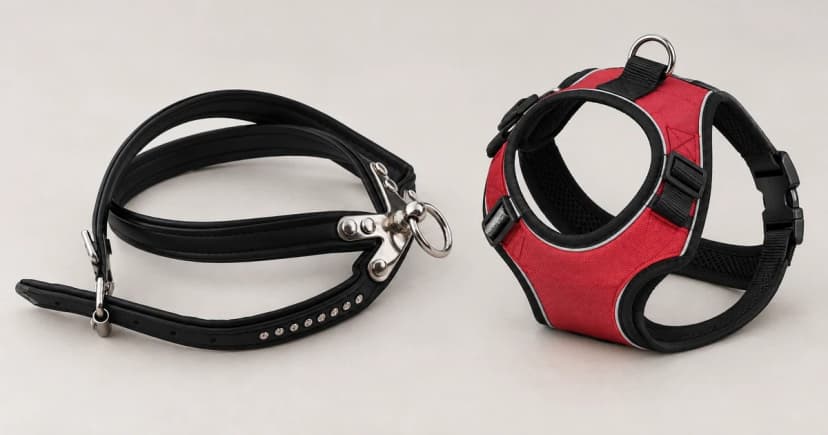 Unworn black strap harness beside an unworn red-and-black vest harness on a light tabletop.