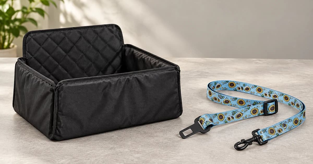 Edited illustration of an empty fabric pet travel basket beside a separate blue patterned strap