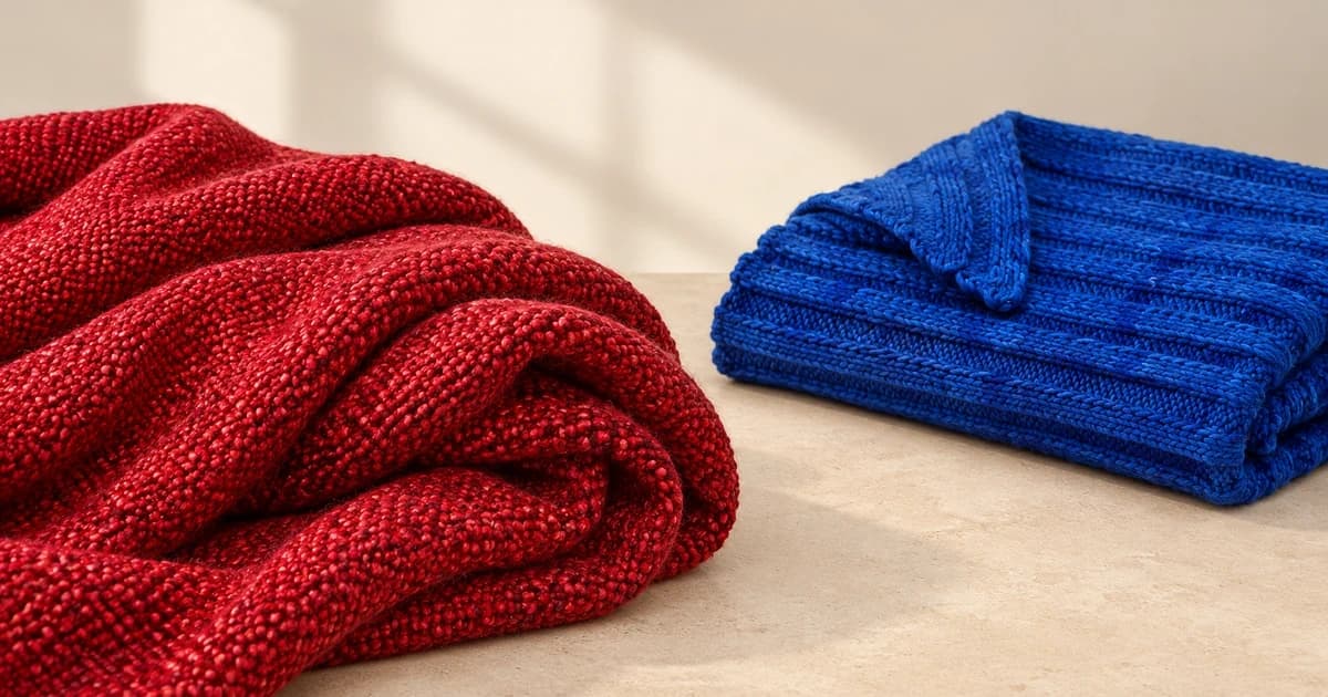 A rolled red textured blanket beside a folded blue knitted blanket on a pale table.