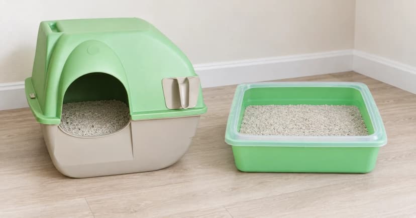 A generic green covered litter box with an open arch beside a separate uncovered green rectangular litter pan.
