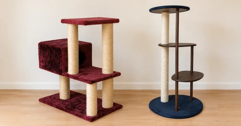 Two empty cat trees with different bases and supported resting platforms in a generic indoor comparison scene