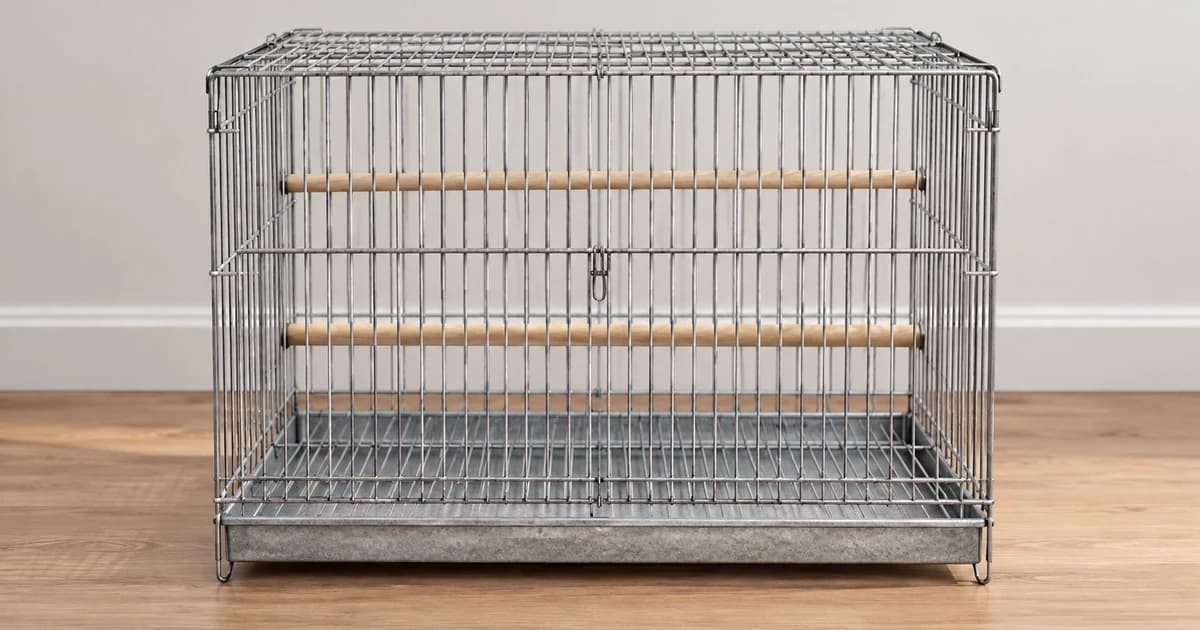Empty generic rectangular wire cage with simple perch forms in a neutral indoor setting.