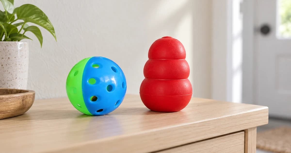 Blue-green perforated toy ball beside a red rounded toy on a light side table.