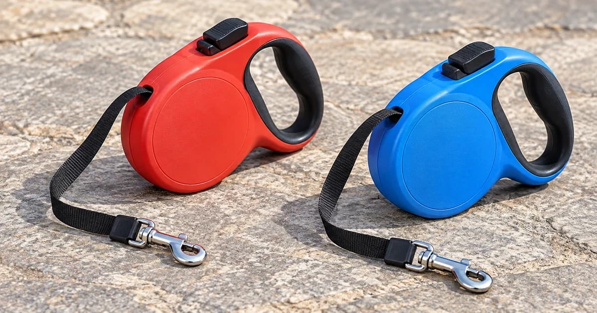 Red and blue generic retractable leash housings lie on a clear stone surface with short slack tape and unattached metal clips.