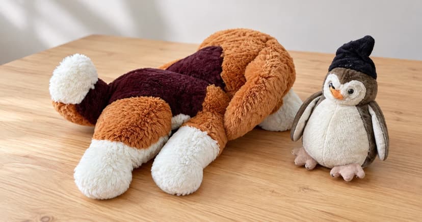 Photo-based edited illustration of two separate plush toy exteriors on a pale wooden tabletop