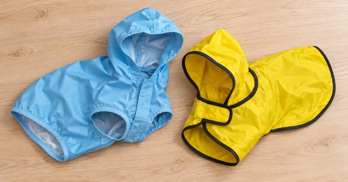 Empty blue and yellow dog raincoats laid on a pale wood surface