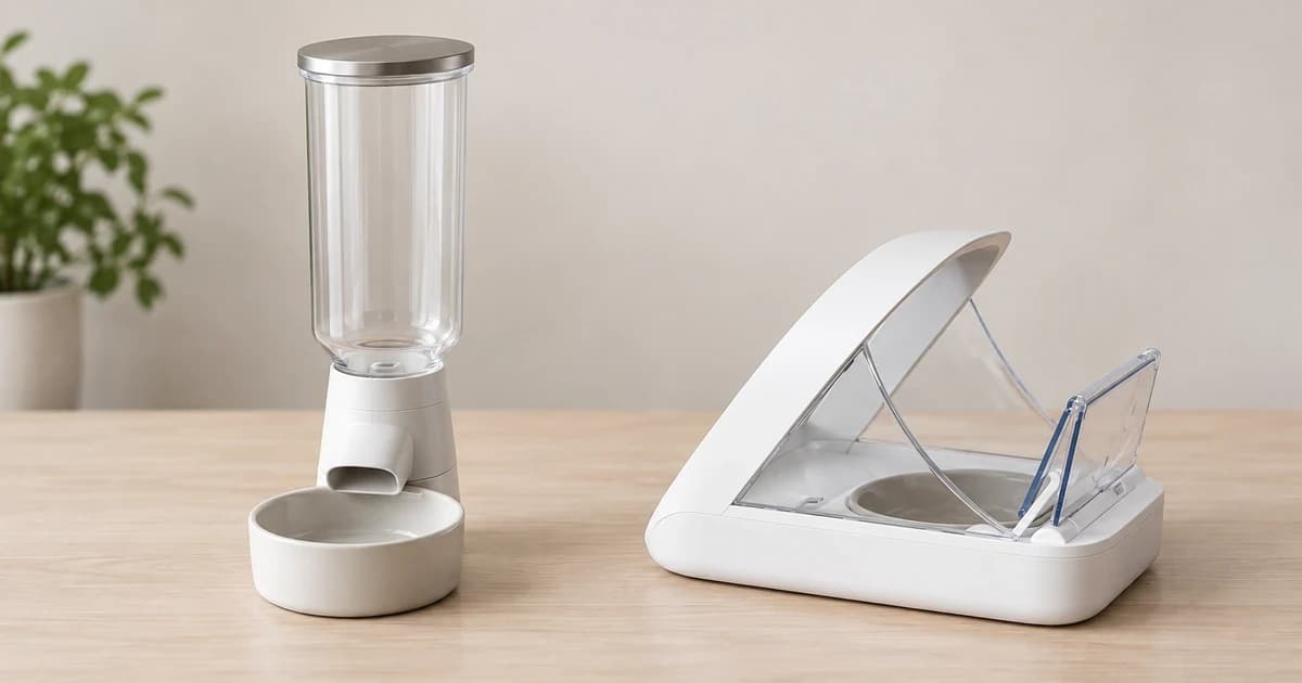 Edited illustration of separate generic empty hopper and lid-access pet feeder housings